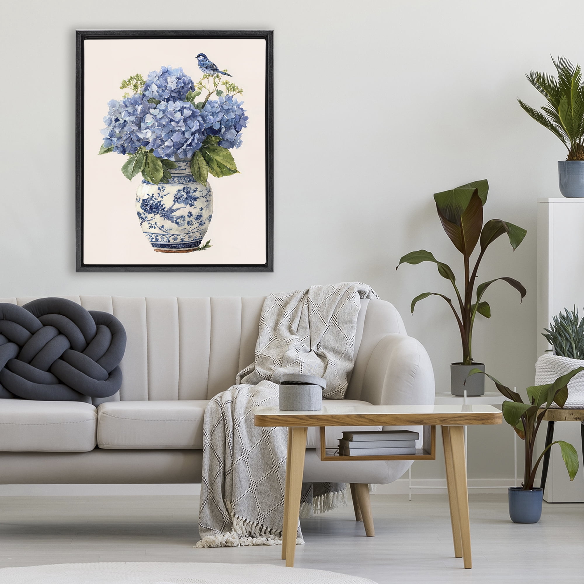Stupell Industries Songbird Perched on Hydrangeas Black Framed Floater Canvas Wall Art, design by Imagine It Images