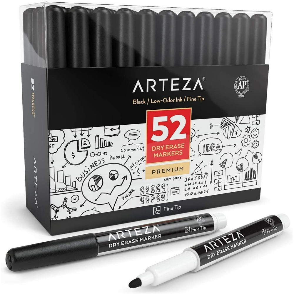 Arteza Dry Erase Markers, Fine Tip, Black, 52 Pack for Back to School