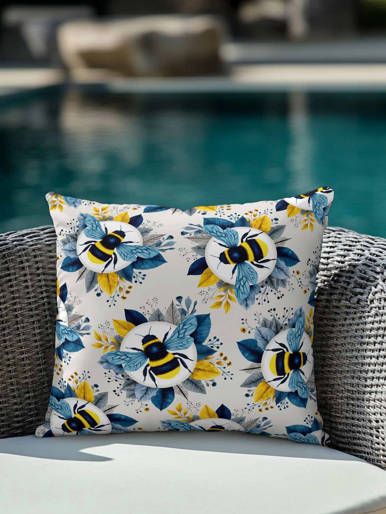 1 Pack Outdoor Throw Pillow, Gray Bees Farmhouse Waterproof Pillow with Insert Included, Spring Summer Botanical Flowers Decorative Accent Cushion Sofa Pillows for Patio Porch, 18 x 18 In