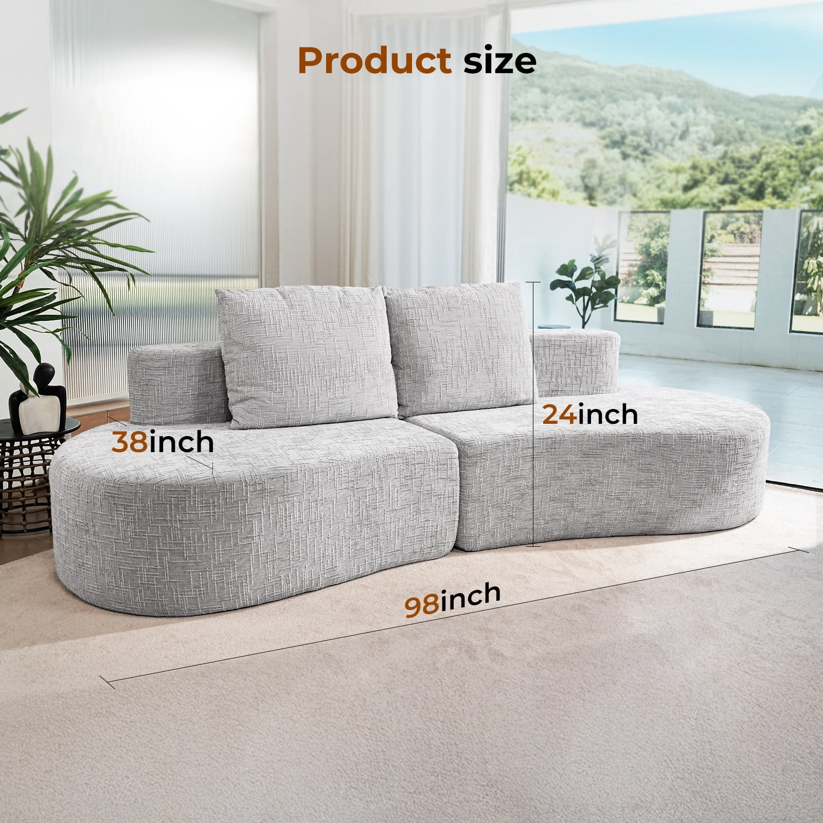 Patbrela 98" Modern Art Sofa Oversized Curved Couch, 38 Inch Extra Deep Seating Upholstered Sofa for Living Room, Office & Apartment, Linen Upholstery, No Assembly, Light Gray