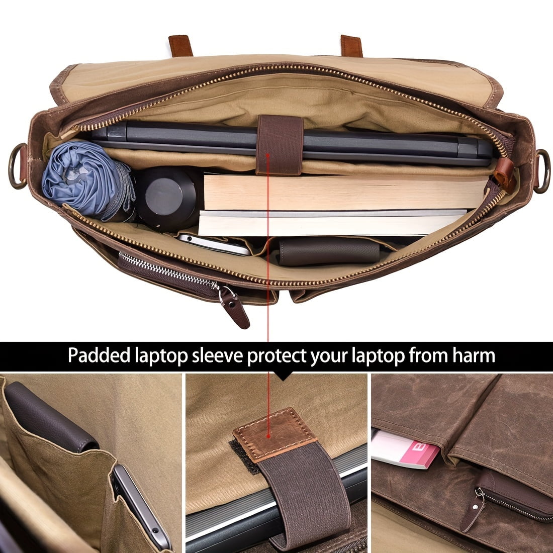Vintage Waxed Canvas Messenger Bag for Men, 15.6" Laptop Briefcase with 9 Pockets, Heavy-Duty Work Satchel for Business Travel College