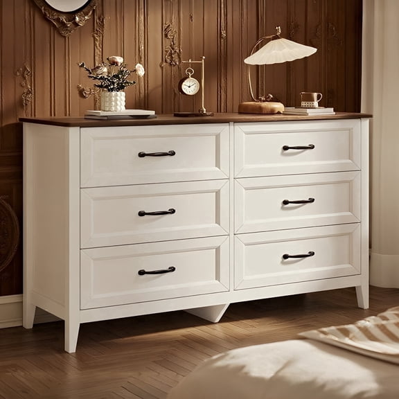 White Dresser, Lofka 6 Drawer Dresser for Bedroom, Chests of Drawers for Living Room, White Rustic Brown