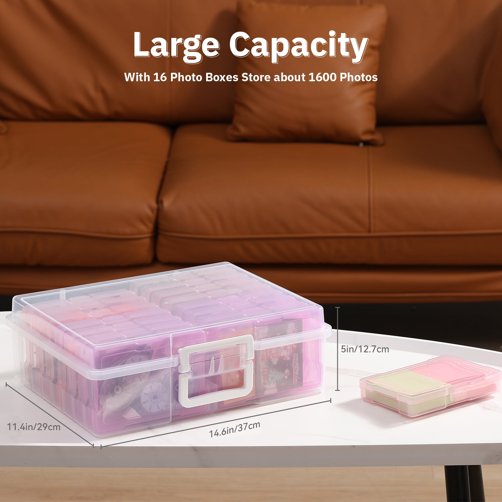 Novelinks Photo Storage Box with 16 Inner 4" x 6" Photo Case Organizer Box and Craft Keeper with handle for Photo Puzzles Cards Seed Packets,4 Pink Colors