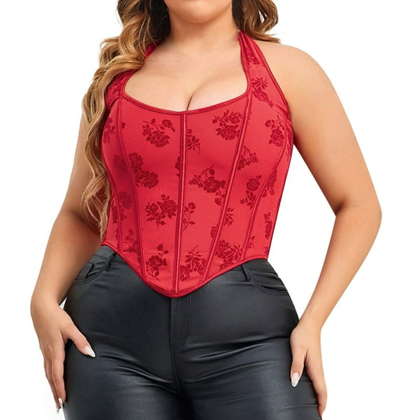 Playeras,Blusas y Tops,Ropa para Mujer Camiseta sin espalda Corsé para mujer Top Bustier Corset Top Tight Fitting Corset Tank Top Suspender Top Solid Short Fashion (Watermelon Red, XL)