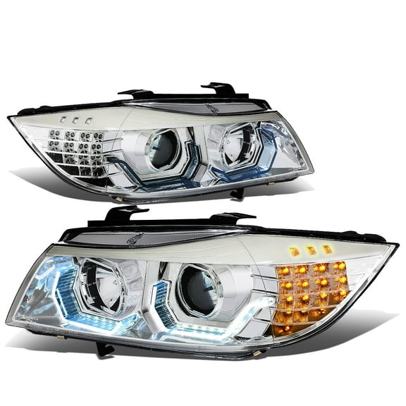 DNA Motoring LED Signal Blue 3D DRL Projector Headlight for 2006-2008 BMW E90 325i 328i 330i, Chrome