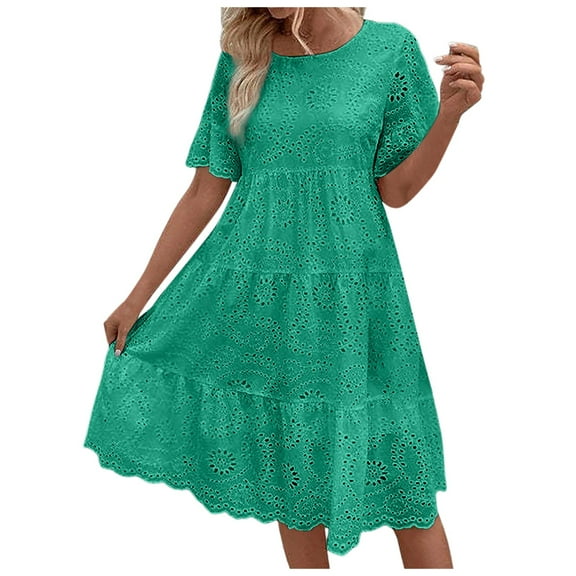 HJYCHN Elegant Women's Mid Length Casual Dress with Lace Jacquard and V-Neck Out Design for Slim Fit Green L