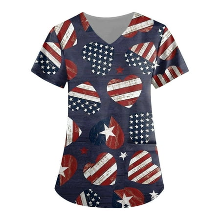 

TQWQT Independence Day Scrub Tops American Flag Printed Scrub Tops V-Neck Independence Day T Shirts Workwear Nurse Uniform Tee with Pockets S-5xl Dark Blue XXXXXL