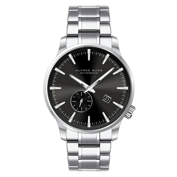 Alfred Sung Men's Automatic II Silver Date Black Sunray Dial Link Watch