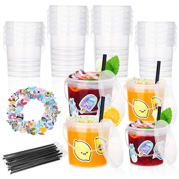 30 Pcs Ice Cream Buckets with Lids and Handles Drink Rum Buckets for Parties Cocktails Reusable Clear Plastic Food Containers with 50 Pcs Summer Stickers
