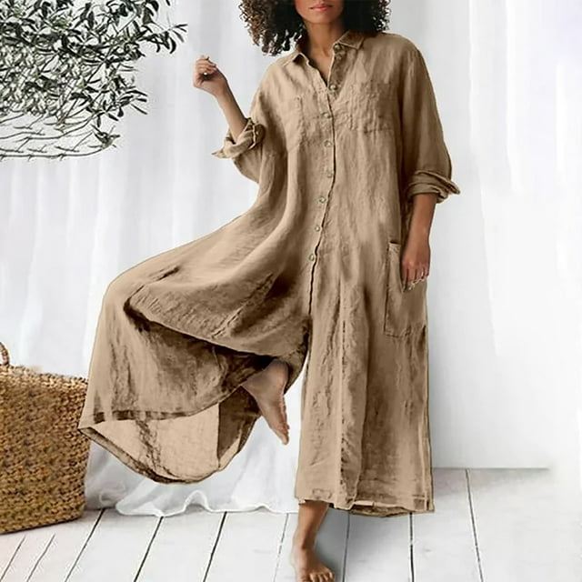 LOVZFMLL Combinaison pour Femmes, Combinaison Décontractée Unie à Col Rabattu en Coton et Lin, Combinaison Longue avec Fermeture Éclair Kaki, P