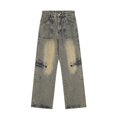 thumbnail image 1 of toraway Pantalon Homme Ajusté Mode Patchwork Taille Haute Rétro Fermeture Éclair Jambe Droite Large en Denim L, 1 of 4