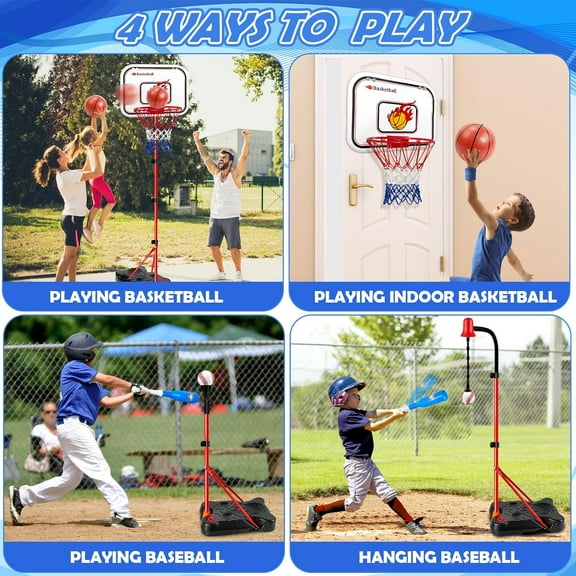 4-in-1 Kids Basketball & Baseball Set with Adjustable Hoop, Balls, Bat & Tee - Best Gift for Boys & Girls Ages 2-8