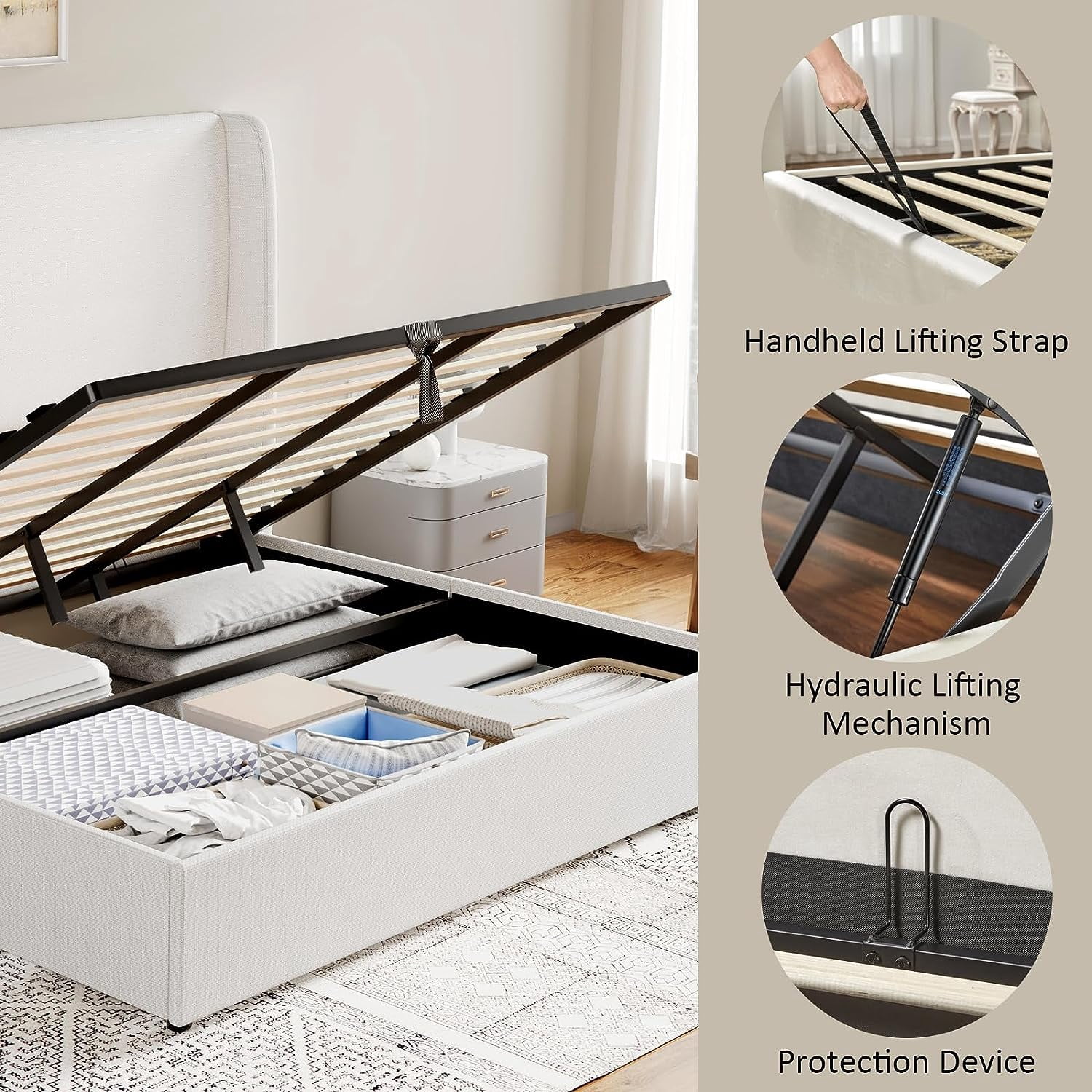 Merluxy King Bed Frame with Lift-Up Storage, Linen Upholstered Platform, Wingback Headboard, No Box Spring Needed, White