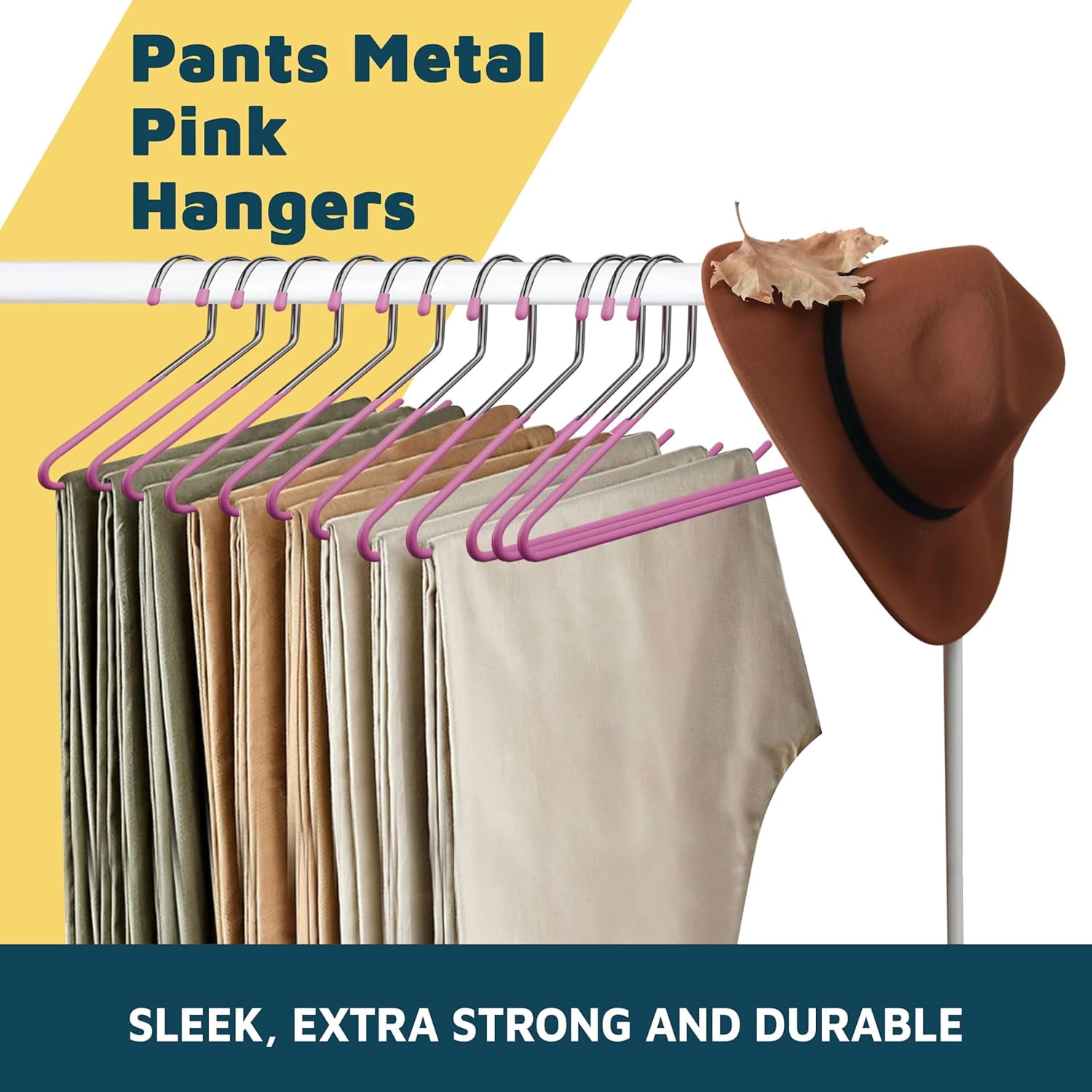 Metal Pants Hanger Set - 50 Pieces Elegant Non-Slip Closet Space Saving Hanger Set for Pants, Trouser, Blankets, and Jeans with Open Ended Sleek Design - Pink
