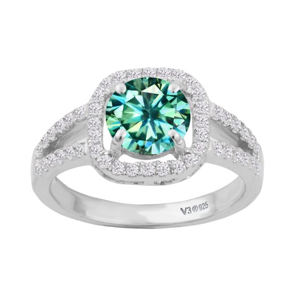 Sterling Silver with Green Moissanite and White Diamond Halo Ring