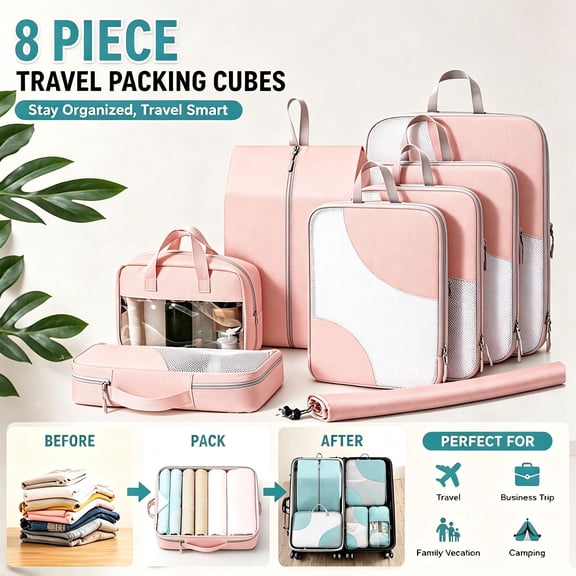 DIMJ Diamond Pattern Pink Packing Cubes for Travel,8 Set Foldable Suitcase Organizer Set for Shoe Bag, Oiletry Bag, Sock Bag with Drawstring Bag for Airport Travel Essentials