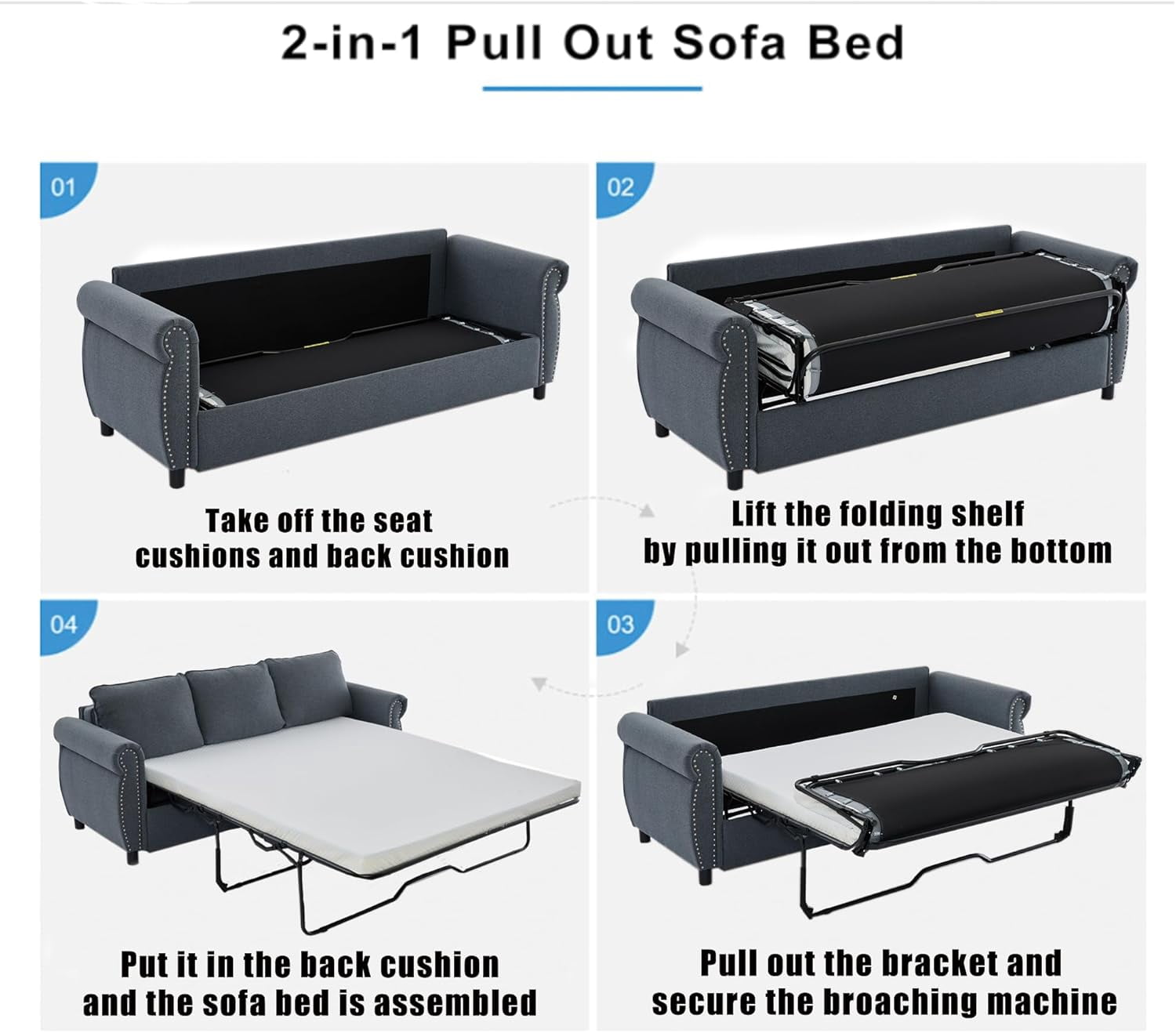 Sleeper Sofa Bed Full Size, Pull Out Couch with Mattress, 81.5'' 3 Seater Upholstery Sectional Couches, Modern Linen Convertible Sofa, Living Room Furniture for Small Spaces, Apartment, Grey