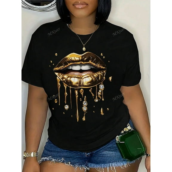 Women's Fashionable Golden Lip Print Round Neck Short Sleeve Casual T-Shirt