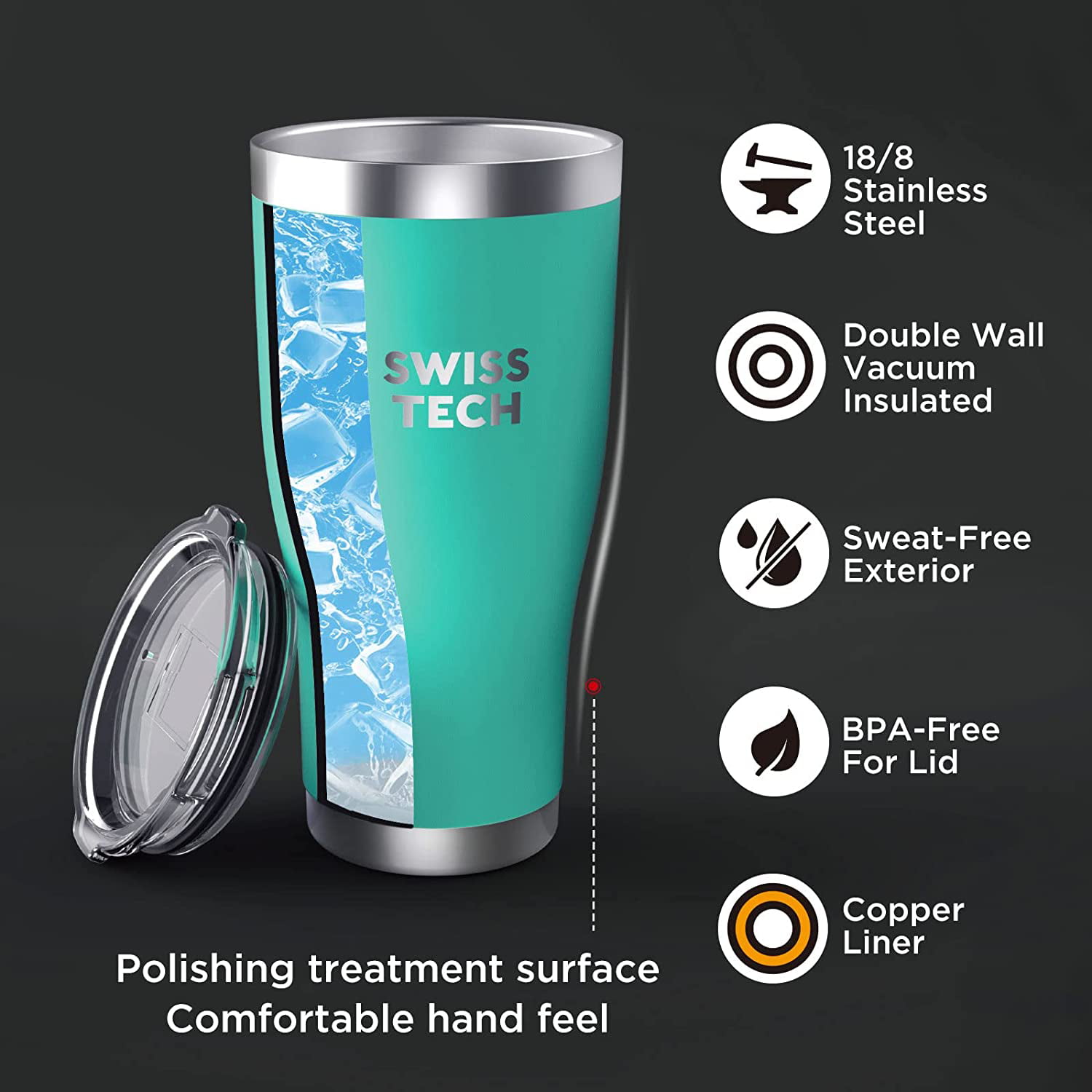 Swiss+Tech 30 oz Tumbler, Stainless Double Wall Vacuum Insulated Tumbler with Lid and Wide Mouth, for Travel, Gym & Daily Use, BPA Free, Green Turquoi