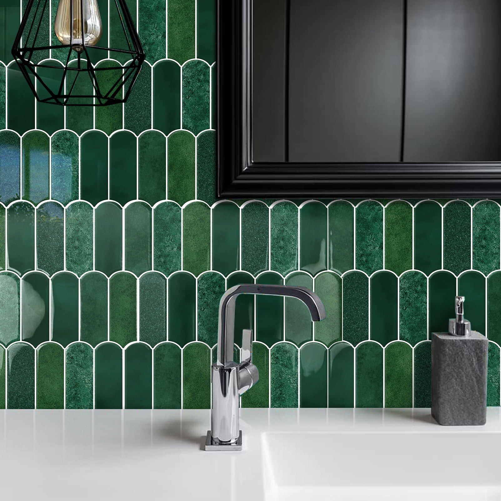 DEWOO 10-Sheet Upgraded Thicker Peel and Stick Kitchen Backsplash Tiles,Waterproof Self-Adhesive Vinyl Wall Tile Fish Scale Mosaic Design,for Bathroom,Fireplace and RV(Dark Green,12"×12")