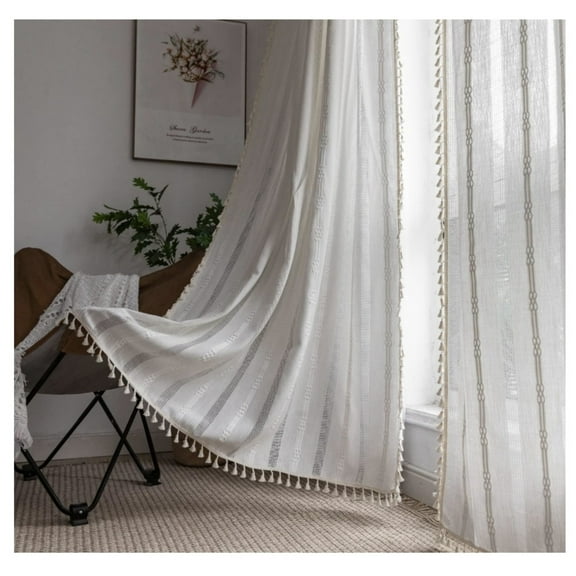 Boho Curtains for Bedroom Embroidery Striped Farmhouse Curtains 63 Inch Length 2 Pannels for Living Room Off White Linen Semi Sheer Rod Pocket Drapes