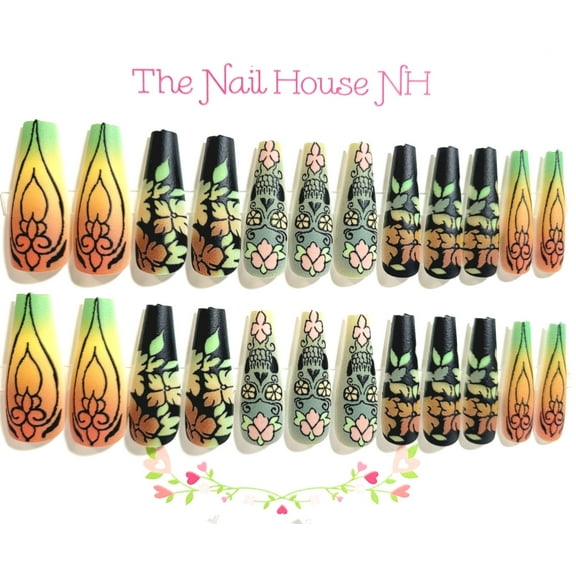 Day of the Dead Sugar Skull Floral Matte Long Coffin Press On Nails - 24 Pieces - Artificial Nail Kit - Halloween Nails