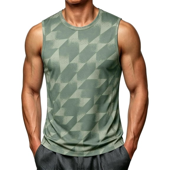 TKKCS Mens Geometric Print Workout Tank Tops- Crew Neck Gym Breathable Lightweight Quick Dry Sleeveless Athletic Shirts Army Green Size 3XL