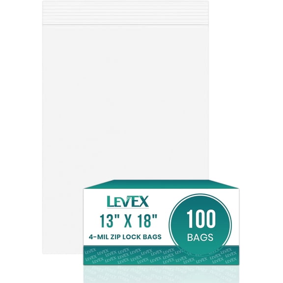 Levex - 13" x 18" (100 Count) 4 Mil Heavy Duty, Strong & Durable Clear Reclosable Zip Plastic Poly Bags with Resealable Lock Seal Zipper for Travel, Storage, Packaging & Shipping