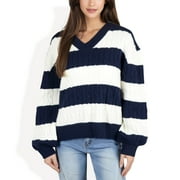 FEINUHAN Women's Striped Knit Sweater with V-Neckline and Balloon Sleeves - Small, Navy