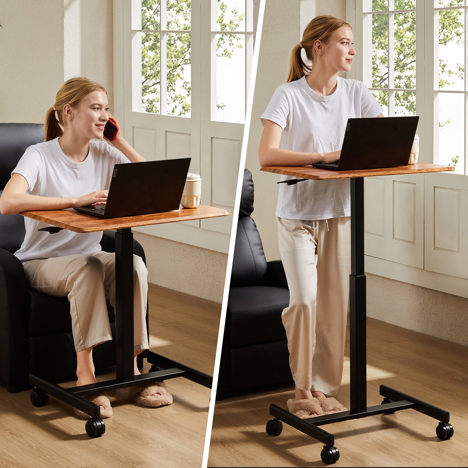CONCETTA Small Mobile Standing Desk, Portable Rolling Laptop Cart with Adjustable Height and Wheels, Computer Table for Home Office, Rust Brown