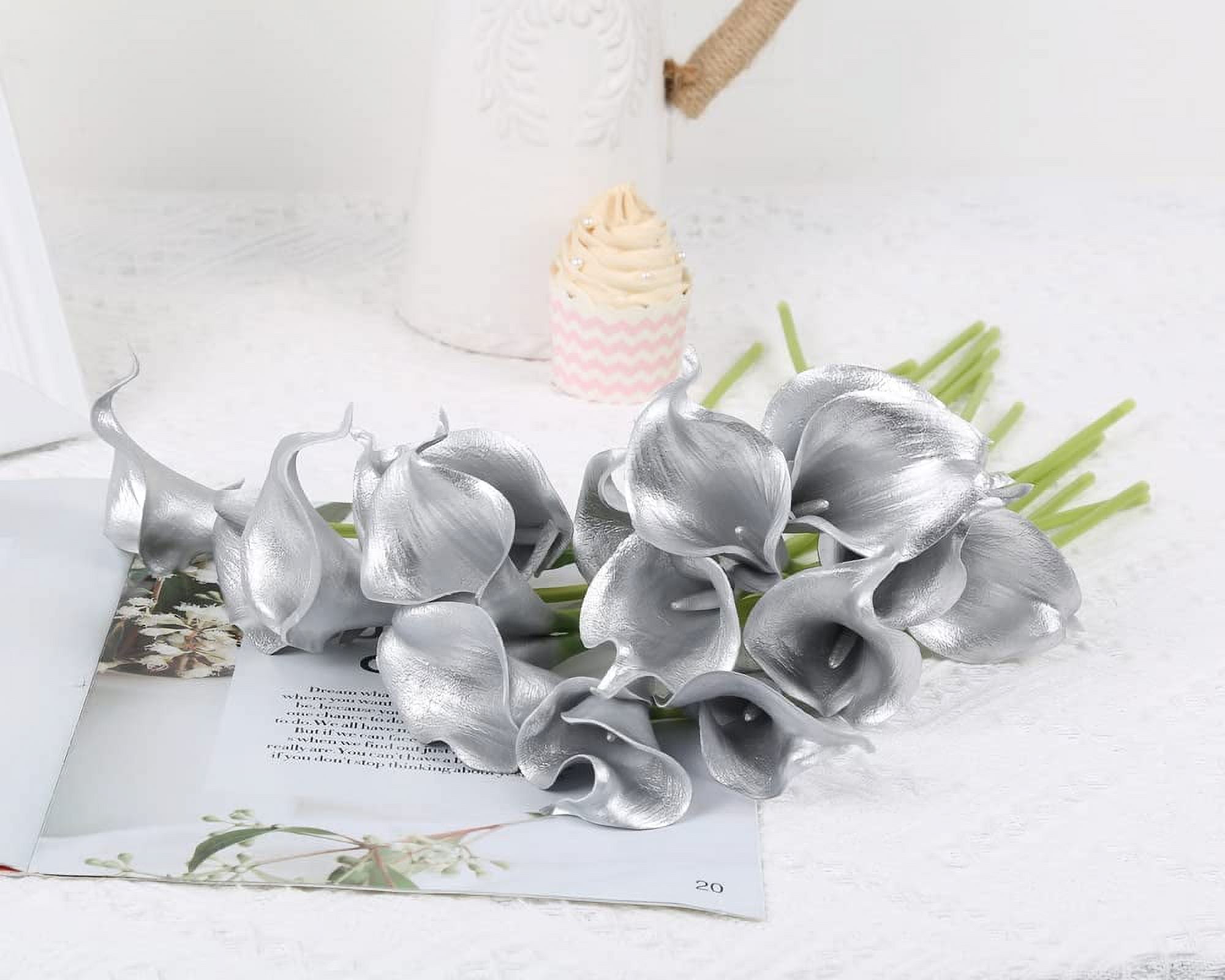 Silver Calla Lily Artificial Flowers, Silver Flowers for DIY Wedding Bouquets Centerpieces Bridal Shower Party Home Flower Arrangement Decorations (Silver)