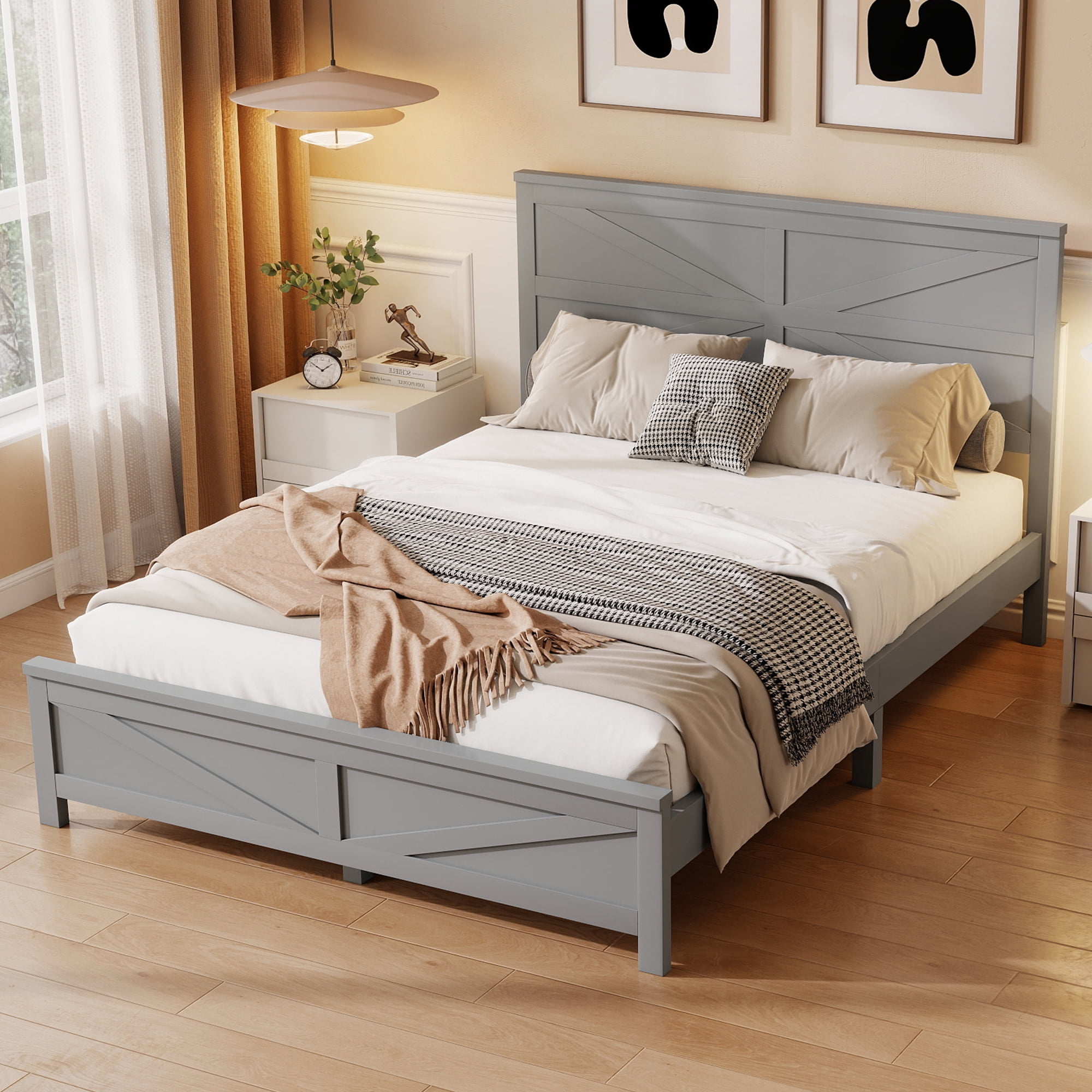 Mintazer Farmhouse Queen Size Platform Bed with Under-Bed Storage, Platform Bed Frame with Headboard & Footboard for Bedroom, Grey