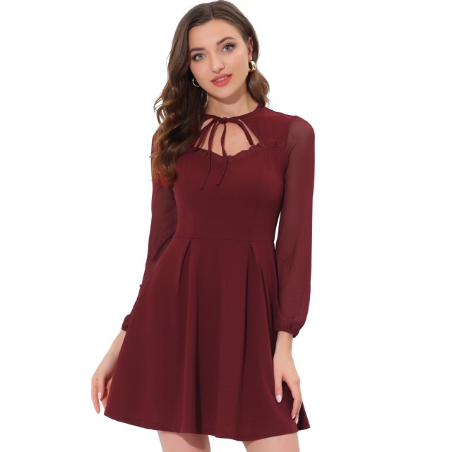 Minivestido gótico de manga larga de malla con volantes y cuello anudado para mujer Vino Rojo L