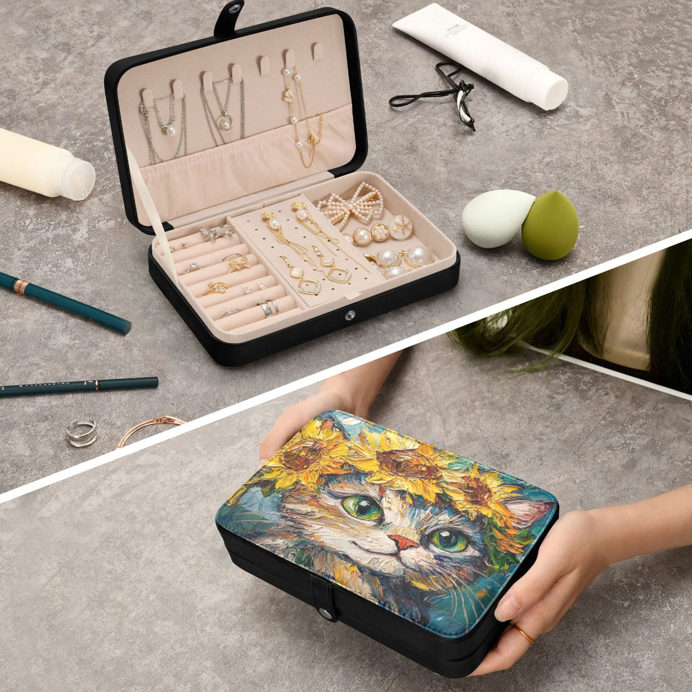 Leather Jewelry Box Rectangular 8.27x5.5x1.78In Travel Jewelry Storage Earrings Necklace Bracelet Watch Brooch Storage Cute Sunflower Cat