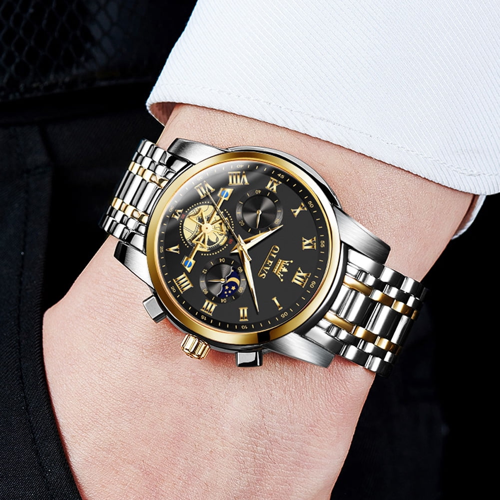 OLEVS Mens Watches Chronograph Business Dress Quartz Stainless Steel Waterproof Luminous Date Wrist Watch For Men Black Dial