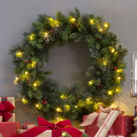 National Tree Pre Lit 30 Crestwood Spruce Wreath With Silver National Tree Pre Lit 30 Crestwood Spruce Wreath With Silver Bristle 12 Cones Red Berries Glitter And Battery Operated Led Lights Timer