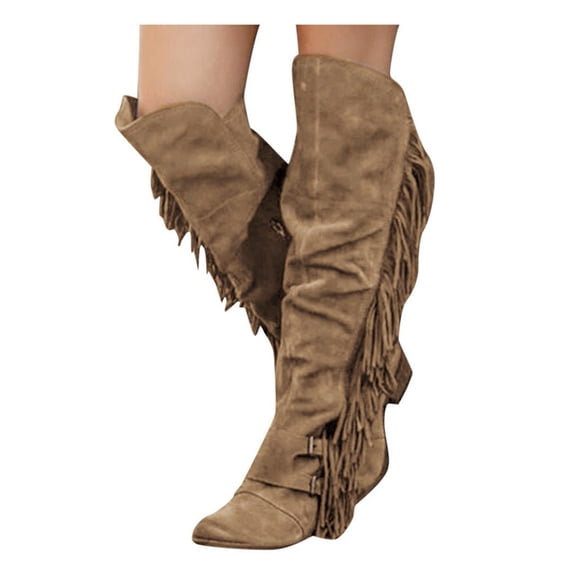 Bottes de Cowgirl à Franges Leozcaa pour Femmes, Bottes de Cowboy Noires à Pampilles, Bottes Western Hauteur Genou à Bout Pointu