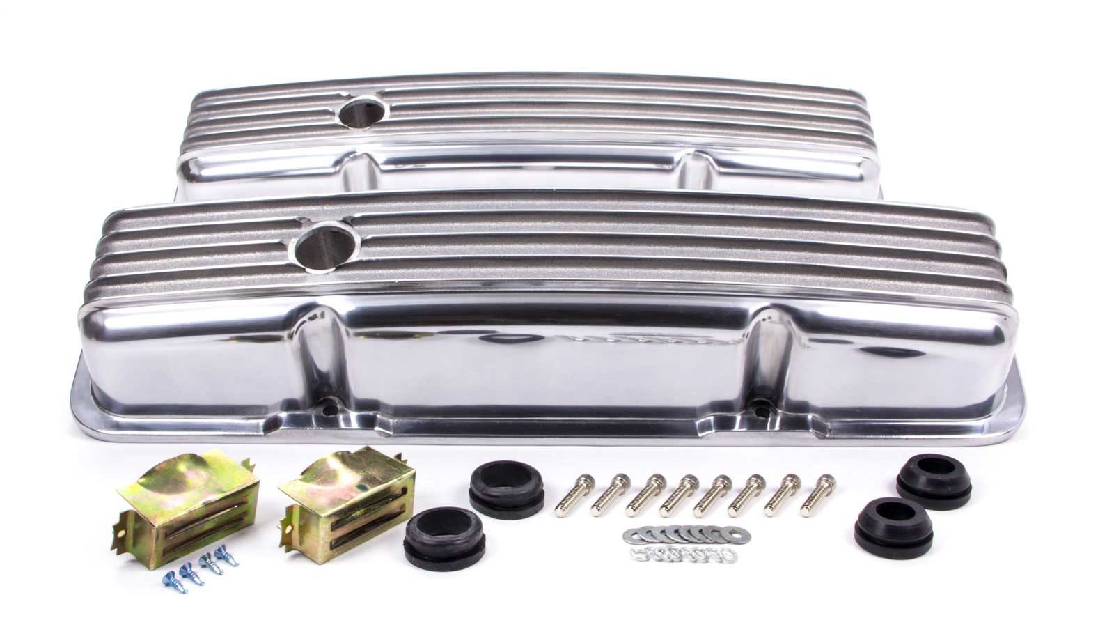 Racing Power Polished SBC Finned Short Valve Cover with Hole for 1958‑95 Chevy 283‑350, 1 Pair