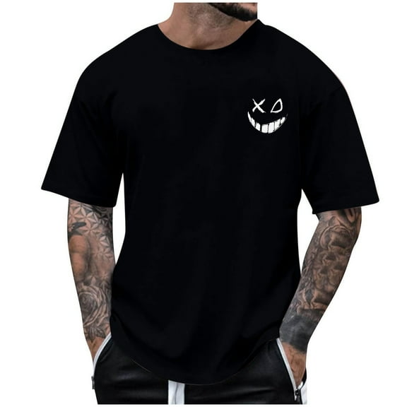 Men's Creepy Smile T-Shirt Spooky Face Printed Crewneck Short Sleeve Scary Tee Tops Novelty Halloween Clothes