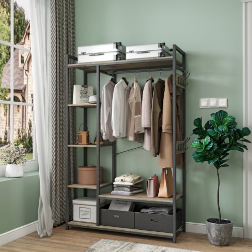 Freestanding Walk in Wood Closet System with Metal Frame - Rustic