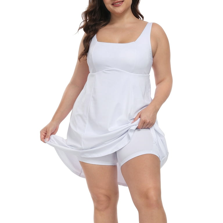 plus size athletic dress with shorts Hde Womens Plus Size Tennis Athletic Workout Dress with Built-in Shorts & Bra White