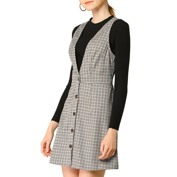 DARING DIVA Houndstooth Plaid Suspenders Pinafore Overall Dress S White