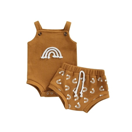 

TheFound Summer Infant Baby Girls 2pcs Clothes Rainbow Printed Sleeveless Vest Romper + Drawstring Shorts Sets