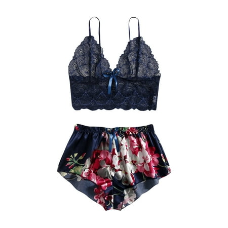 Womens Pajamas Summer Nightwear for Women Floral Satin Pajama Sets Lace Trim Cami and Shorts 2 Piece Bralette and Panty Sleepwear Pajama Shirts for Women Navy L
