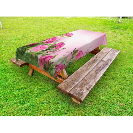 

Flower Outdoor Tablecloth Spring Season Time Roses with Leaves and Buds with Pink Ombre Atmosphere Image Decorative Washable Fabric Picnic Table Cloth 58 X 84 Inches Pink and Green by Ambesonne