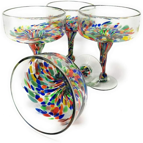 Mexican Hand Blown Glass – Set of 4 Hand Blown Margarita Glasses Confetti Carmen (16 oz)