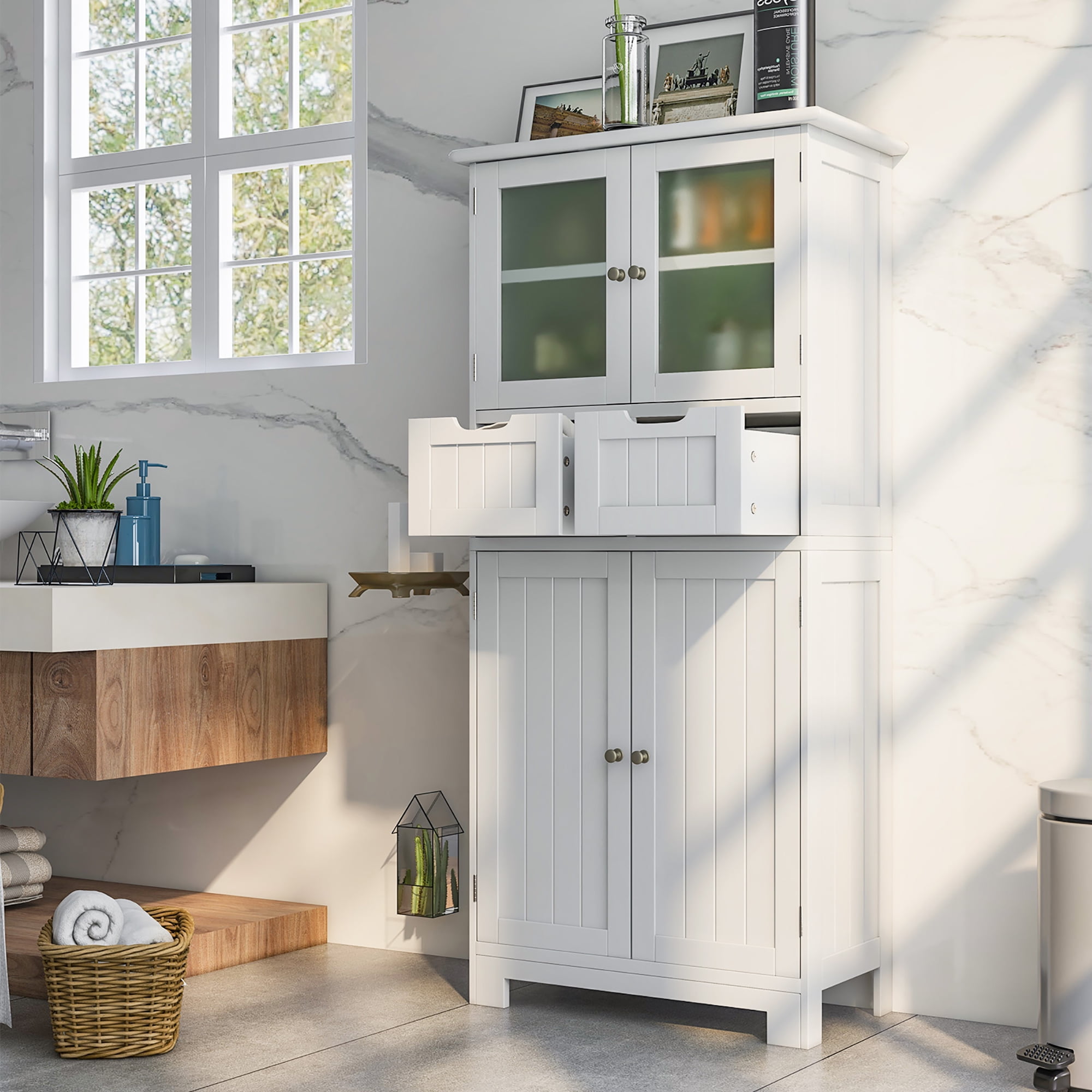 Costway Bathroom Floor Storage Cabinet Kitchen Cupboard with 2 Drawers & Glass Doors White