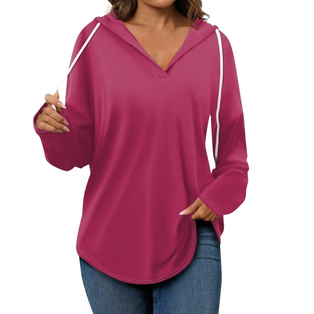 Timegard Hoodies for Women V Neck Drawstring Long Sleeve Pullover Fall Casual Loose Comfy Tops Blouse