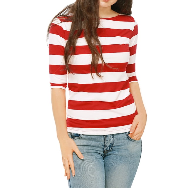 INSPIRE CHIC Chemises à Rayures pour Femmes Coupe Ajustée Manches au Coude T-Shirt à Encolure Bateau 3TG Rouge
