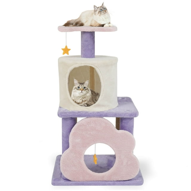 Costway 31.5" Cute Modern Cat Tree with Condo Top Perch Jute Scratching Posts Hanging Toy Purple
